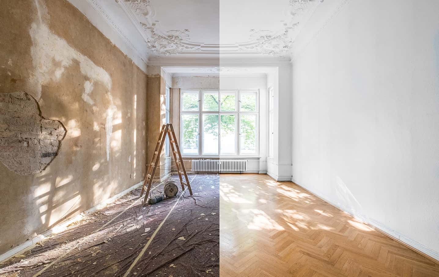 apartment renovation - empty room before and after  refurbishment  or restoration -